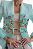 Blue White Casual Print Patchwork Cardigan Turn-back Collar Outerwear