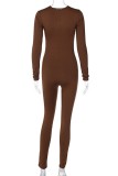Brownness Sexy Casual Solid Hollowed Out O Neck Skinny Jumpsuits
