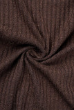 Marrone scuro casual solido patchwork disegnare stringa fibbia scollo a V manica lunga due pezzi
