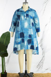 Graues, lässig bedrucktes Patchwork-Kleid mit V-Ausschnitt und bedrucktem Kleid in Übergröße