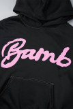 Black Casual Letter Print Basic Hooded Collar Tops