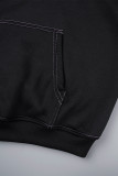 Black Casual Letter Print Basic Hooded Collar Tops