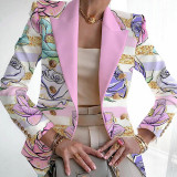White Pink Casual Print Patchwork Cardigan Turn-back Collar Outerwear