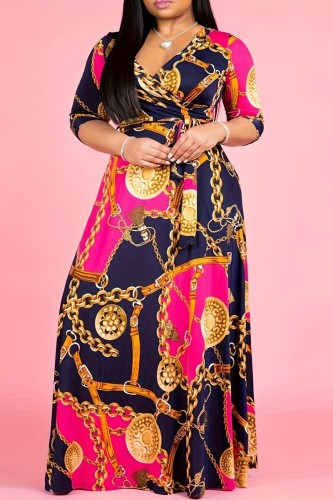 Rose Red Casual Print Frenulum V Neck Long Dress Plus Size Dresses