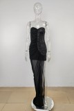 Черное сексуальное вечернее платье в стиле пэчворк с блестками и открытой спиной без бретелек.