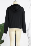 Black Casual Letter Print Basic Hooded Collar Tops