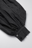 Black Street Solid Buttons O Neck Loose Denim Crop Top Mock Neck Backless Puff Sleeve Open Front Bolero Shrug Asymmetrical Jean Blouse Denim Jacket