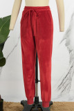 Rote, lässige, solide Patchwork-Hose mit Kordelzug und Tasche, normale mittlere Taille, herkömmliche einfarbige Hose