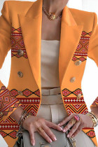 Cardigã laranja casual estampado patchwork com gola virada para trás