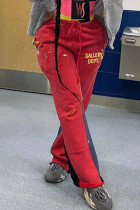 Красный Повседневный принт в стиле пэчворк Прямые прямые брюки с завышенной талией в стиле пэчворк