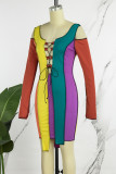 Veelkleurige casual patchwork frenulum contrasterende U-hals jurken met lange mouwen