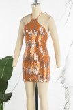 Оранжевые сексуальные однотонные блестки в стиле пэчворк, горячие платья с лямкой на шее и обернутой юбкой, платья