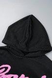 Black Casual Letter Print Basic Hooded Collar Tops