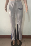 Pantaloni patchwork dritti a vita alta dritti con stampa casual grigio chiaro