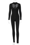 Black Sexy Casual Solid Hollowed Out Slit Zipper Collar Skinny Jumpsuits