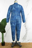 Blauer, legerer, bedruckter Patchwork-Overall mit Umlegekragen in Übergröße