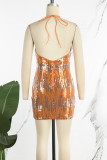 Orange Sexy Solid Sequins Patchwork Hot Drill Halter Wrapped Skirt Dresses
