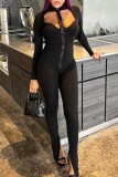 Zwarte sexy casual effen uitgeholde skinny jumpsuits met rits en kraag