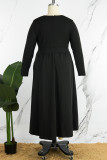 ブラック カジュアル ソリッド パッチワーク Oネック ロングスリーブ プラスサイズ ドレス