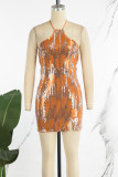 オレンジのセクシーなソリッドスパンコールパッチワークホットドリルホルターラップスカートドレス