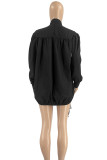 Schwarze Street Solid Patchwork-Kordelzug-Kleider mit halbem Rollkragen und langen Ärmeln