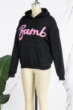 Black Casual Letter Print Basic Hooded Collar Tops