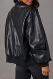 Черная повседневная однотонная лоскутная верхняя одежда с застежкой-молнией и круглым вырезом