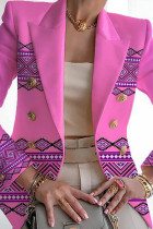 Cardigã rosa casual estampado patchwork com gola virada para trás