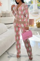 Pantaloni cardigan patchwork casual rosa con scollo a V manica lunga due pezzi