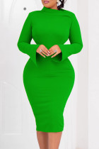 Green Casual Solid Basic Oblique Collar Long Sleeve Dresses