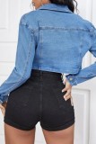 Blue Casual Solid Patchwork Turndown Collar Long Sleeve Cropped Denim Jacket