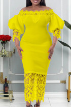Gele casual effen uitgeholde patchwork off-shoulder kokerrok grote maten jurken