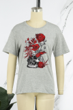 Red Street Vintage Print Skull Patchwork O Neck T-Shirts