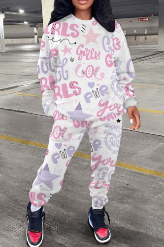 White Pink Casual Print Basic O Neck Long Sleeve Two Pieces