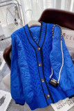 Blue Elegant Solid Patchwork Buckle V Neck Outerwear