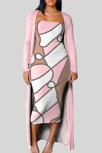 Pink Elegant Print Patchwork Strapless Long Sleeve Two Pieces