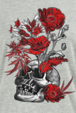 Donkergrijze straat-vintage print schedel patchwork O-hals T-shirts