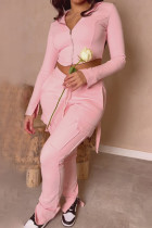 Розовый повседневный однотонный лоскутный узор с карманами и разрезами на молнии с отложным воротником с длинными рукавами из двух предметов