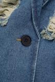 Blue Casual Solid Ripped Cardigan Turndown Collar Long Sleeve Regular Denim Jacket