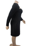 Black Casual Solid Hollowed Out Patchwork O Neck One Step Skirt Plus Size Dresses