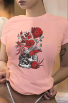 T-shirts à col rond en patchwork de crâne imprimé vintage Pink Street