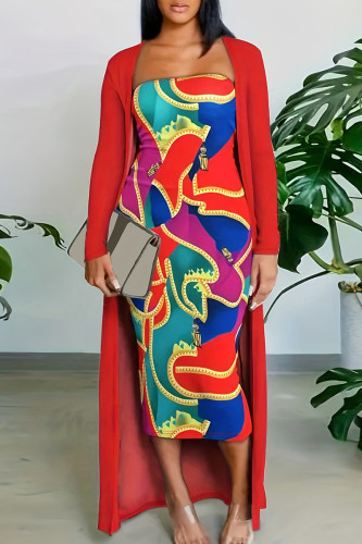Red Elegant Print Patchwork Strapless Long Sleeve Two Pieces