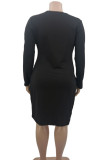 Black Casual Solid Hollowed Out Patchwork O Neck One Step Skirt Plus Size Dresses