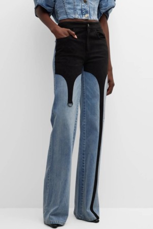 Blue Casual Patchwork Contrast High Waist Regular Colorblock Denim Jeans