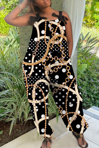 Black Casual Print Patchwork Spaghetti Strap Regular Jumpsuits