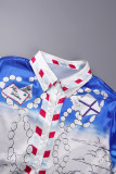 Tops de cuello de camisa de patchwork con estampado casual azul
