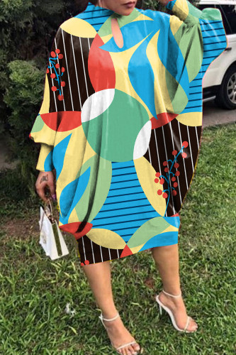 Turquoise Casual Print Hollowed Out Button Collar Long Sleeve Dresses