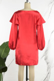Красные повседневные однотонные базовые платья с круглым вырезом и длинным рукавом