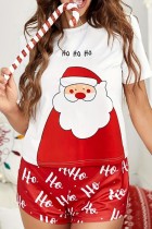 Red Casual Living Print Santa Claus Basic Christmas Day Sleepwear Two Piece Set