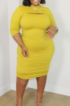 Yellow Casual Solid Hollowed Out Patchwork O Neck One Step Skirt Plus Size Dresses
